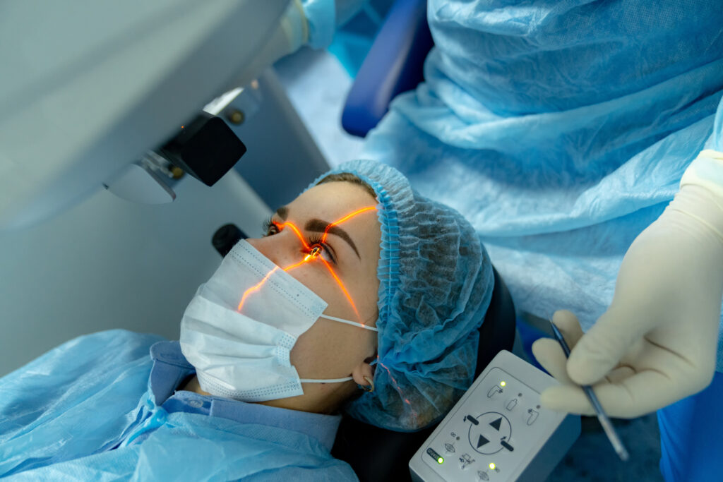 Women receiving laser eye correction procedure. 