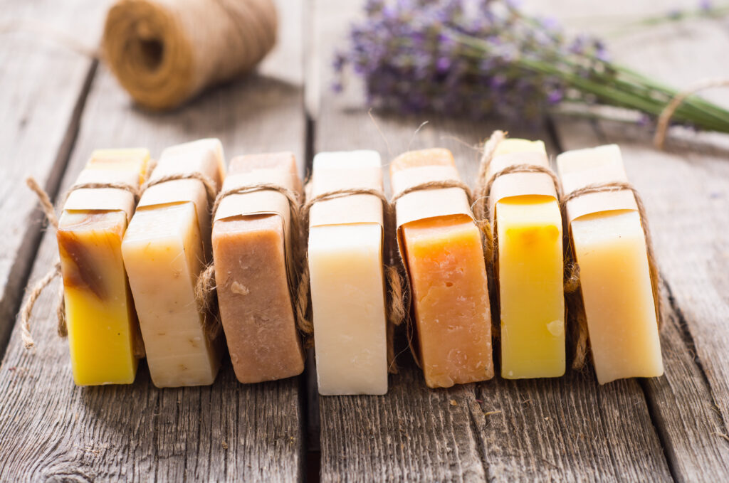 Handmade natural soap with lavander . Spa photo on rustic background.